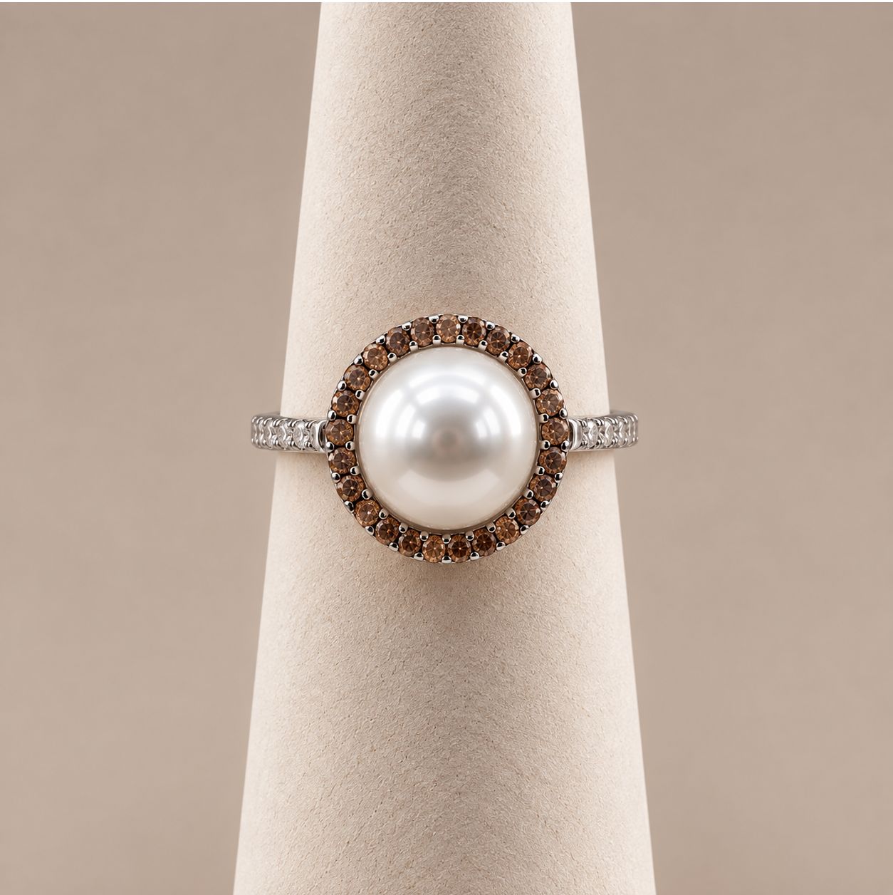 White Pearl Chocolate Diamond Halo Ring (Size 4)