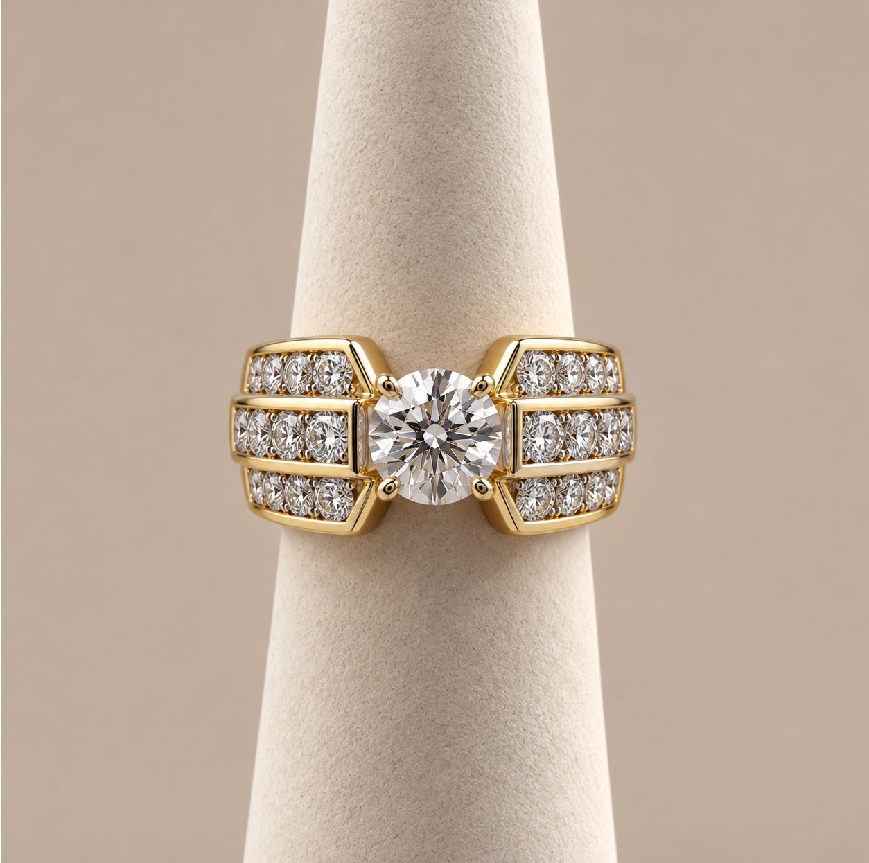 Brilliant Round Center Triple-Row Diamond Wide Band