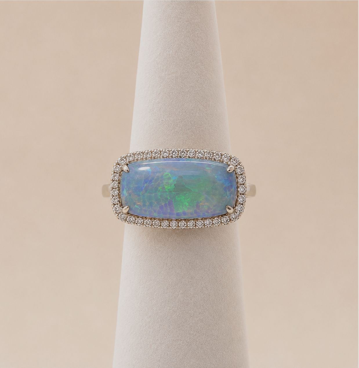 18K White Gold  Opal Diamond Rectangle Ring