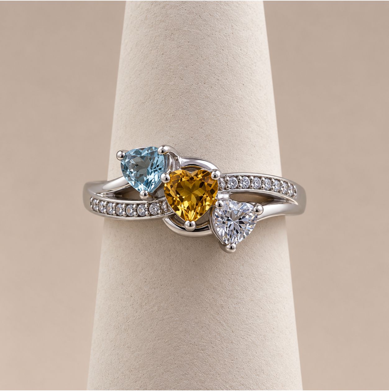 Tri-Color Gemstone Heart Ring (Citrine, Aquamarine, Diamond)