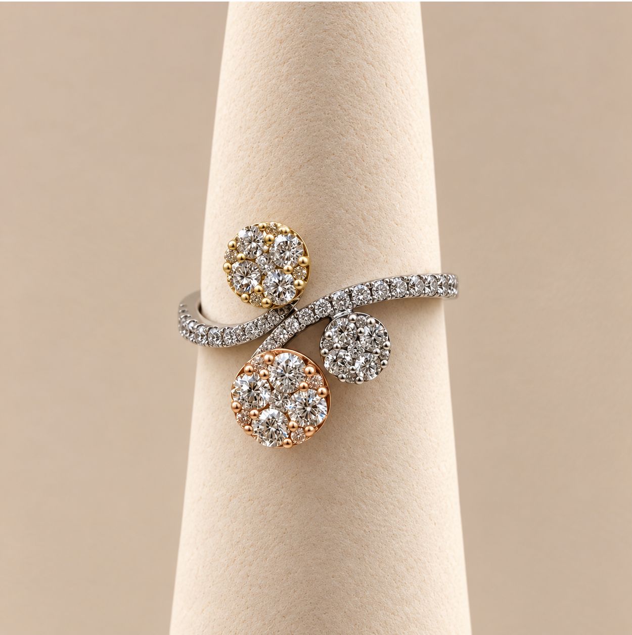 Modern Tri-Tone Diamond Cluster Asymmetrical Ring (2.9g)
