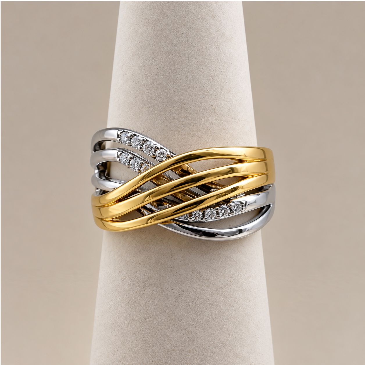 Two-Tone Overlapping Ring with Diamond Accents, Metal: Overlapping Cross-Over Style