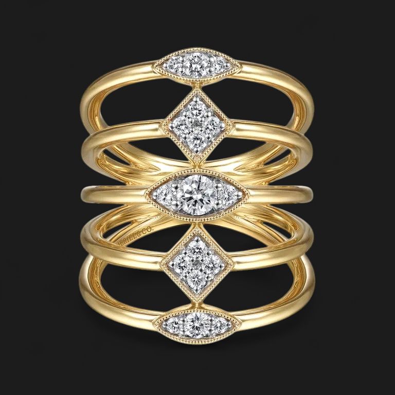 14K Yellow Gold Geometric Station Diamond Pave Statement Ring
