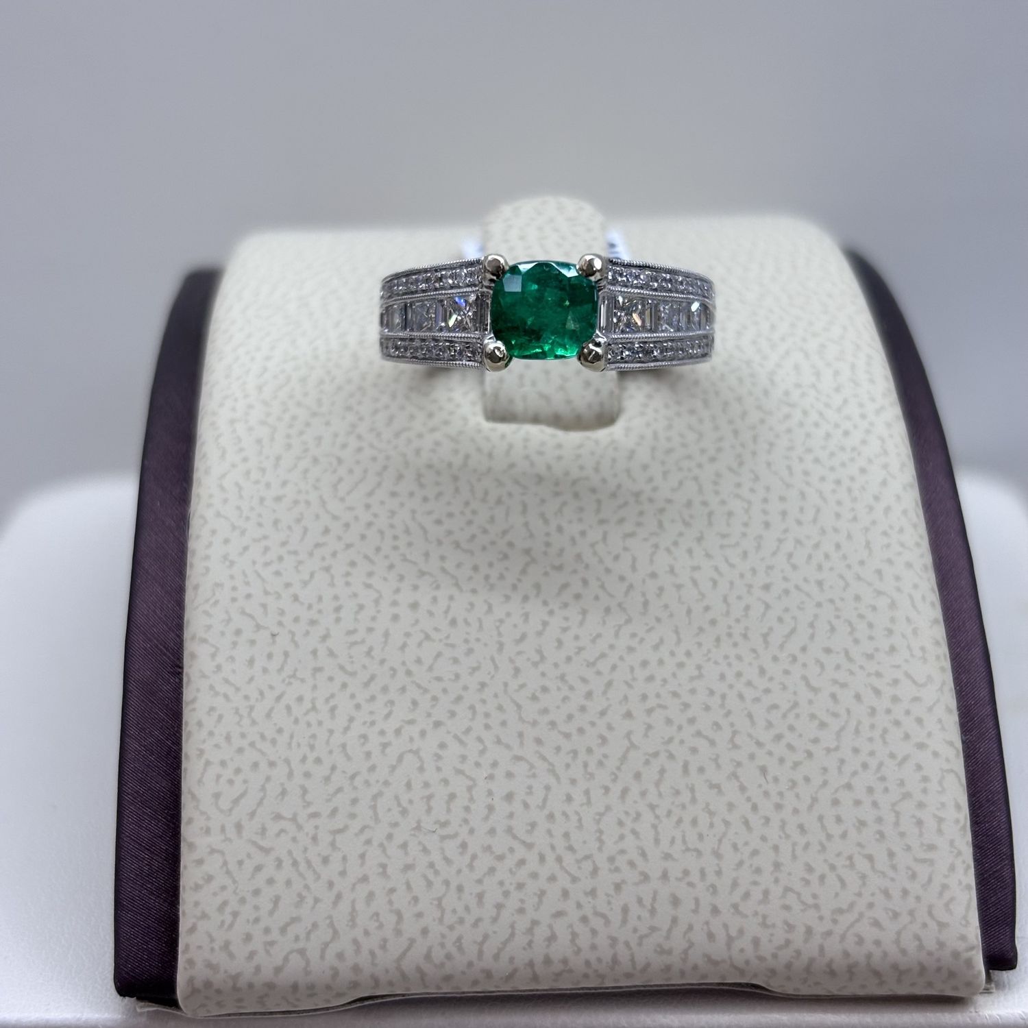 14KWG Princess Cut Emerald &amp; Diamond Ring w/ Milgrain Details