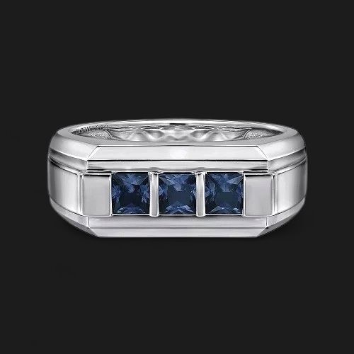14K White Gold Sapphire Men's Ring in Sand Blast Finish