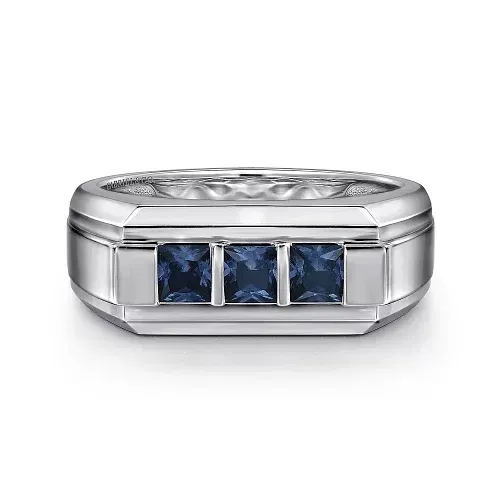 14K White Gold Sapphire Men's Ring in Sand Blast Finish