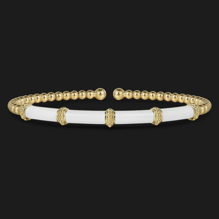 14K Yellow Gold and Bar Split Bangle with White Enamel-Bujukan