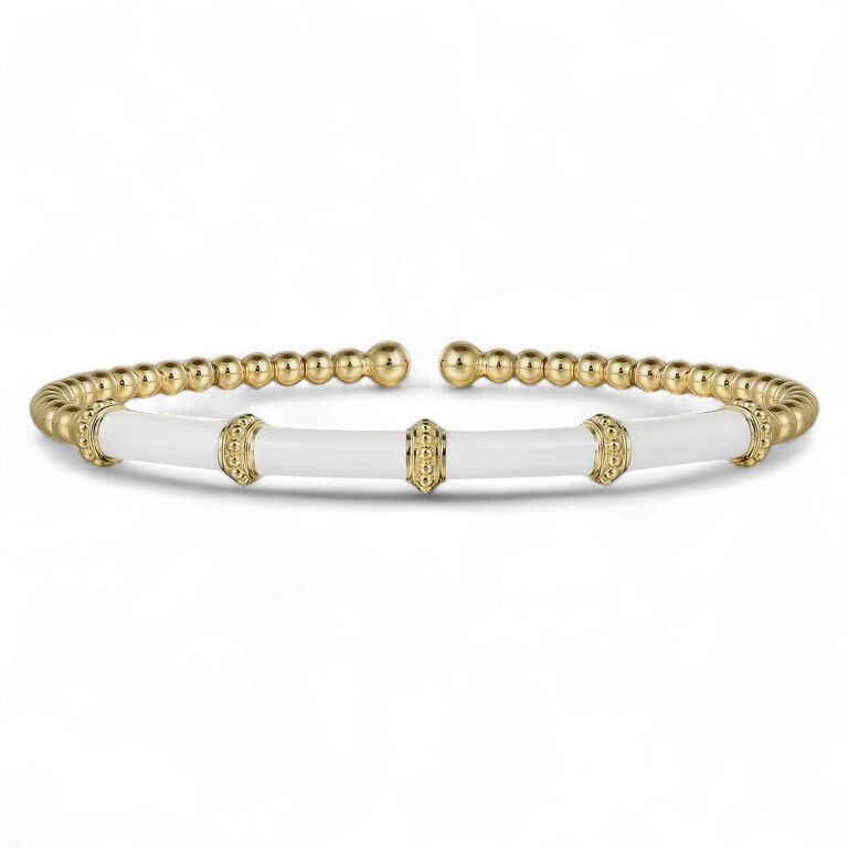 14K Yellow Gold and Bar Split Bangle with White Enamel-Bujukan