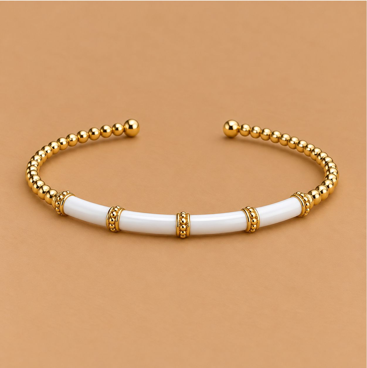 Yellow Gold Bujukan and Bar Split Bangle with White Enamel