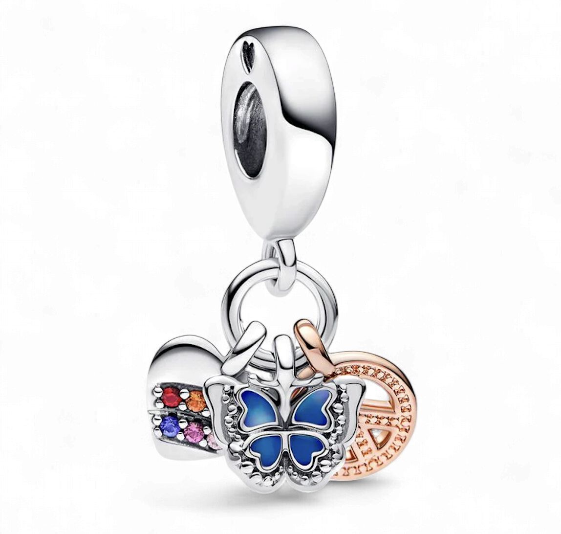Two-Tone Rainbow Heart, Butterfly &amp; Peace Triple Dangle Charm-782572C01