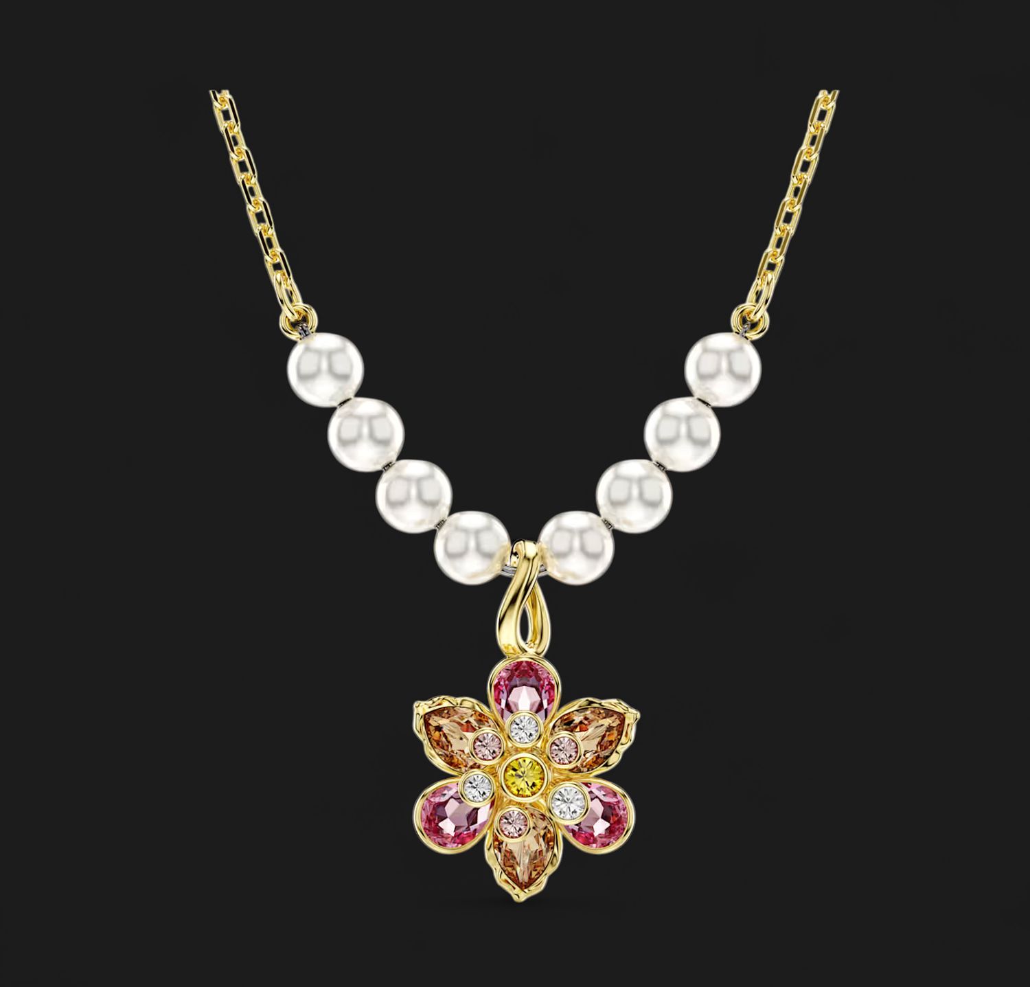 Idyllia Pendant Crystal Pearl, Mixed Cuts, Flower, Multicolored, Gold Tone-5723140