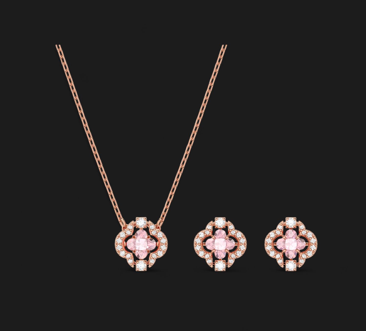 Una Set (Earrings &amp; Necklace), Mixed Cuts, Clover Pink, Rose Gold-5516488