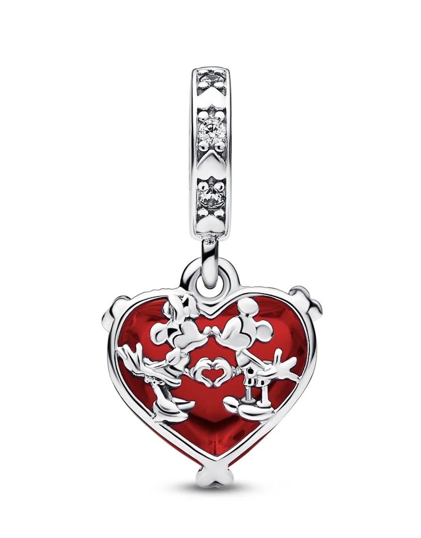 Disney Mickey &amp; Minnie Mouse Kiss Red Murano Glass Dangle Charm-792522C01