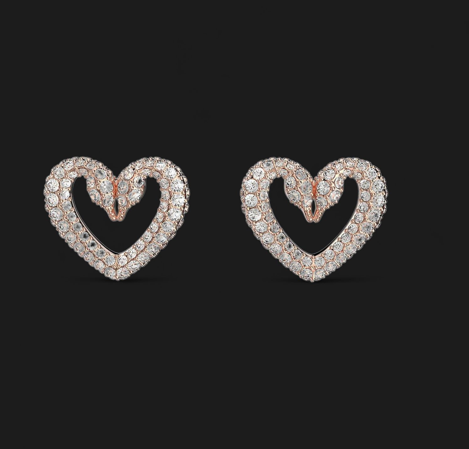 Una Stud Earrings, Small, Two Swans Connecting, Rose Gold - 5628659