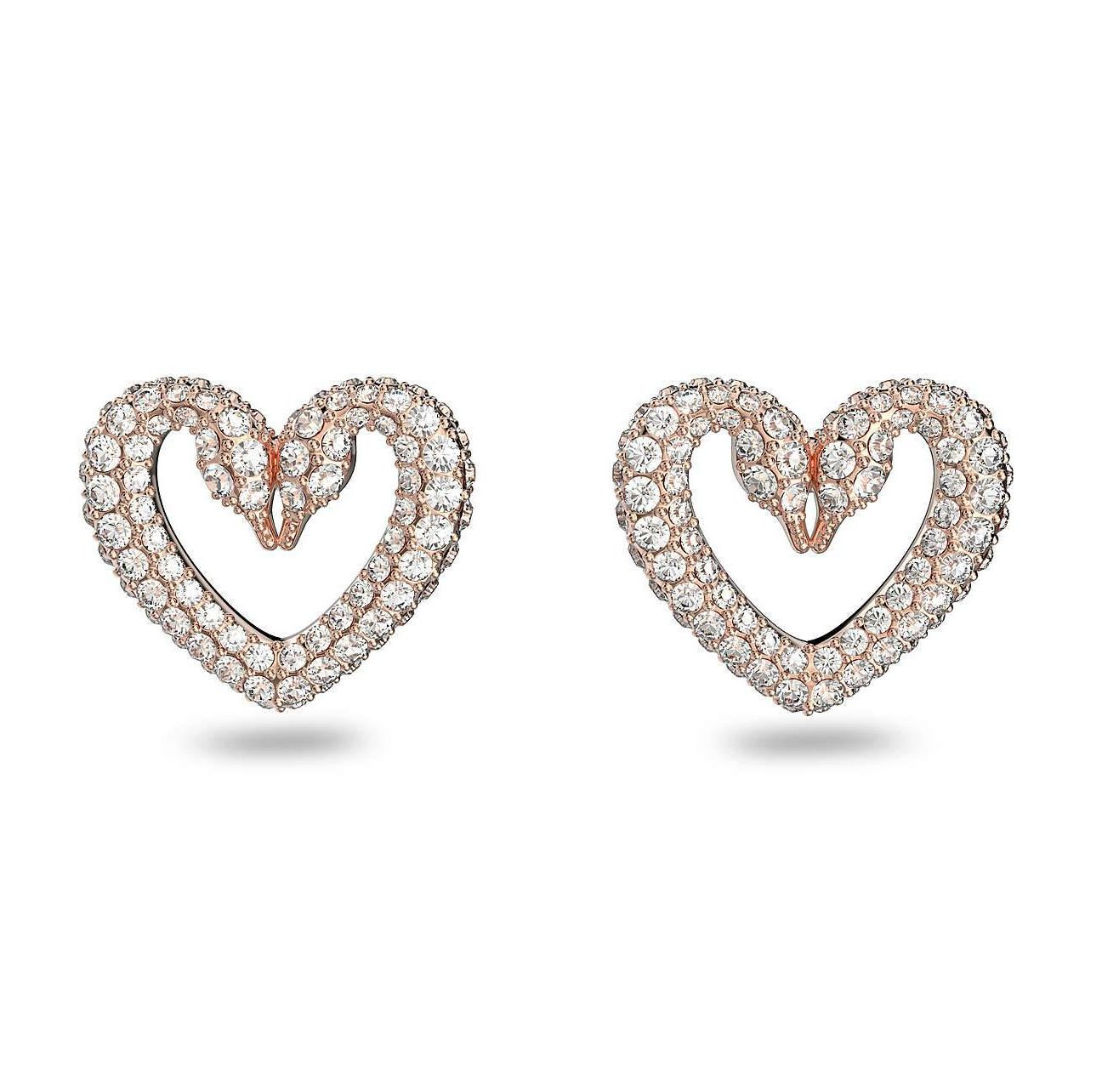 Una Stud Earrings, Small, Two Swans Connecting, Rose Gold - 5628659