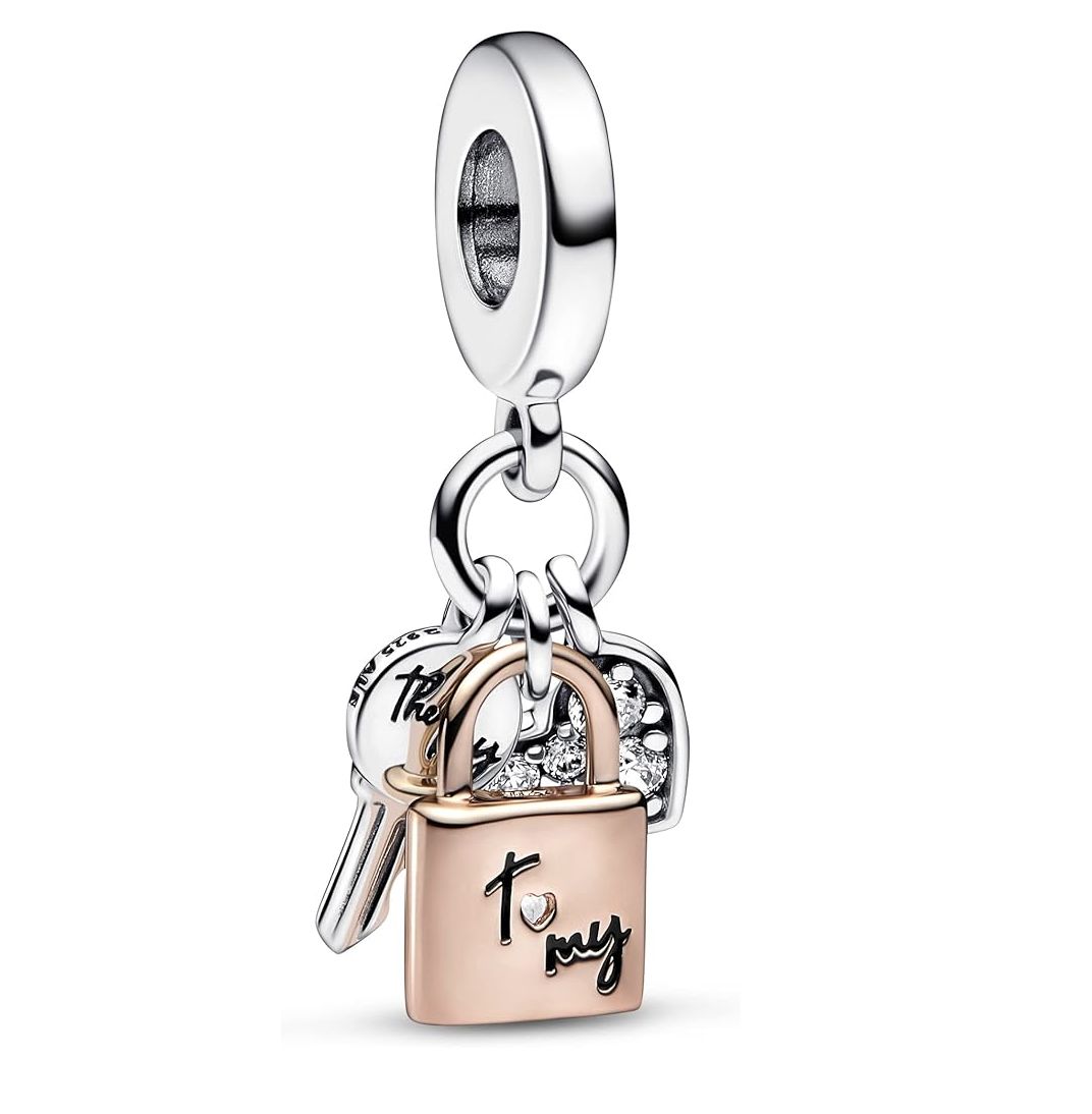 Two-Tone Key, Padlock &amp; Heart Triple Dangle Charm-782506C01