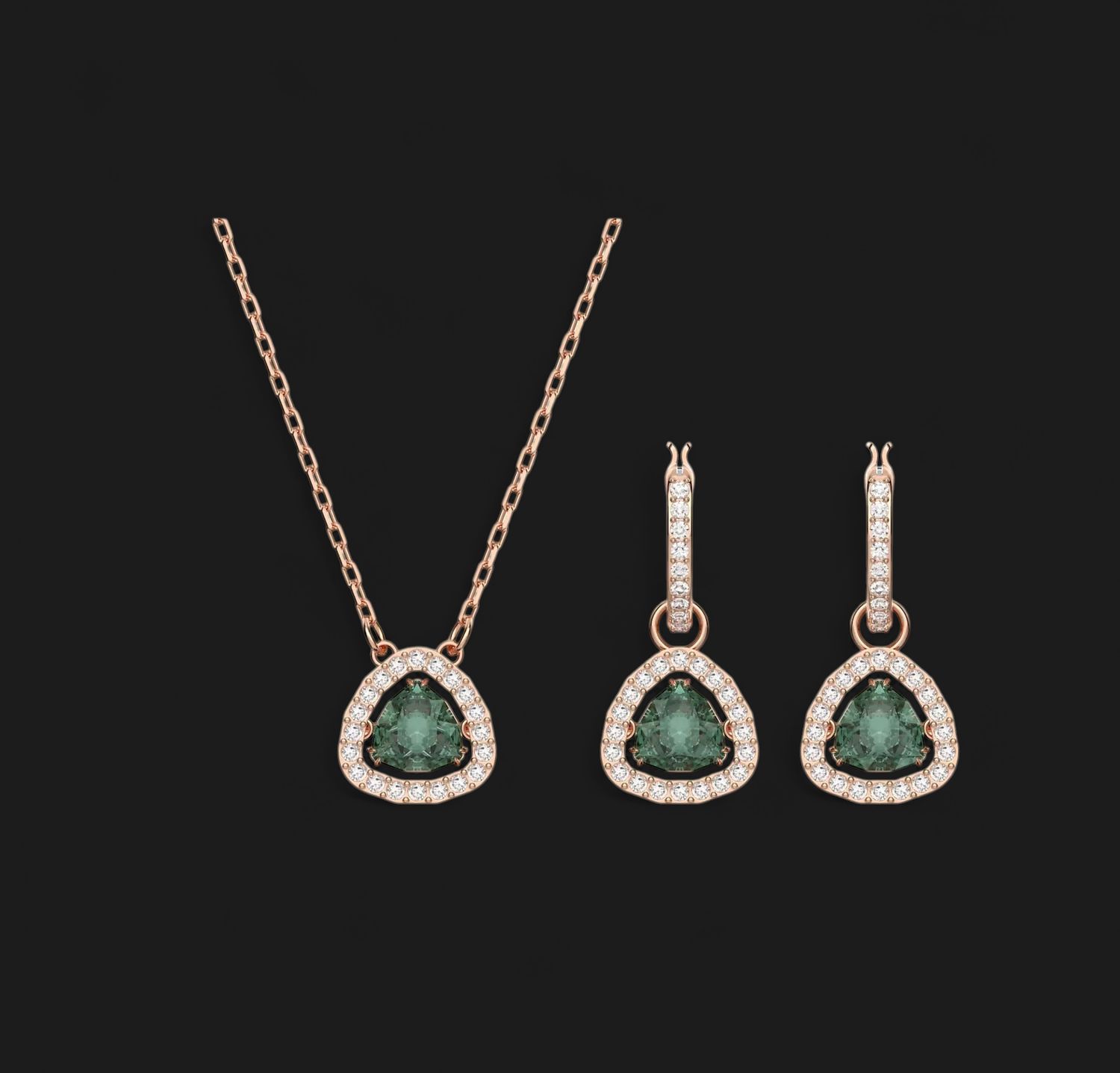 Millenia Set Trilliant Cut, Green, Rose Gold Necklace &amp; Earrings- 5639758