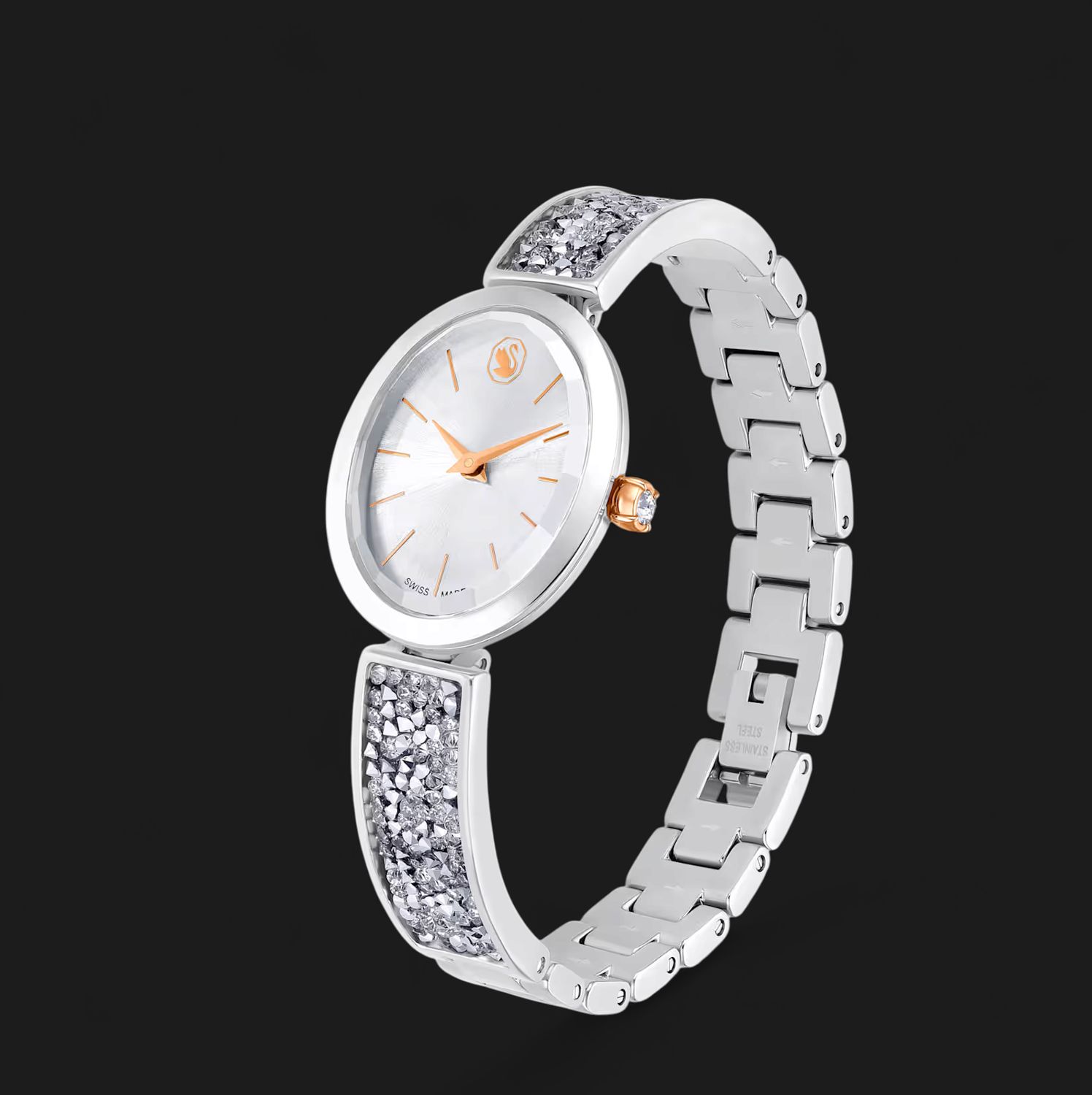 Crystal Rock Oval Watch Swiss Made, Crystal Bracelet, White, Stainless Steel-5656878