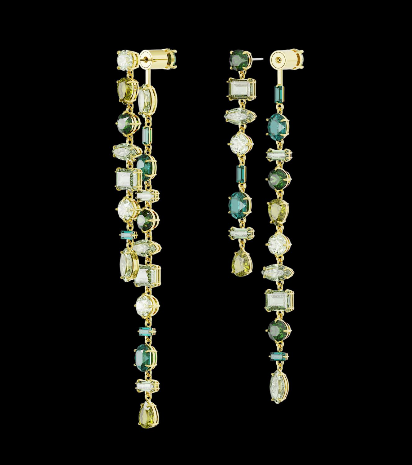 Gema drop earrings, Asymmetrical Design, Mixed Cuts, Extra Long, Green-5657390