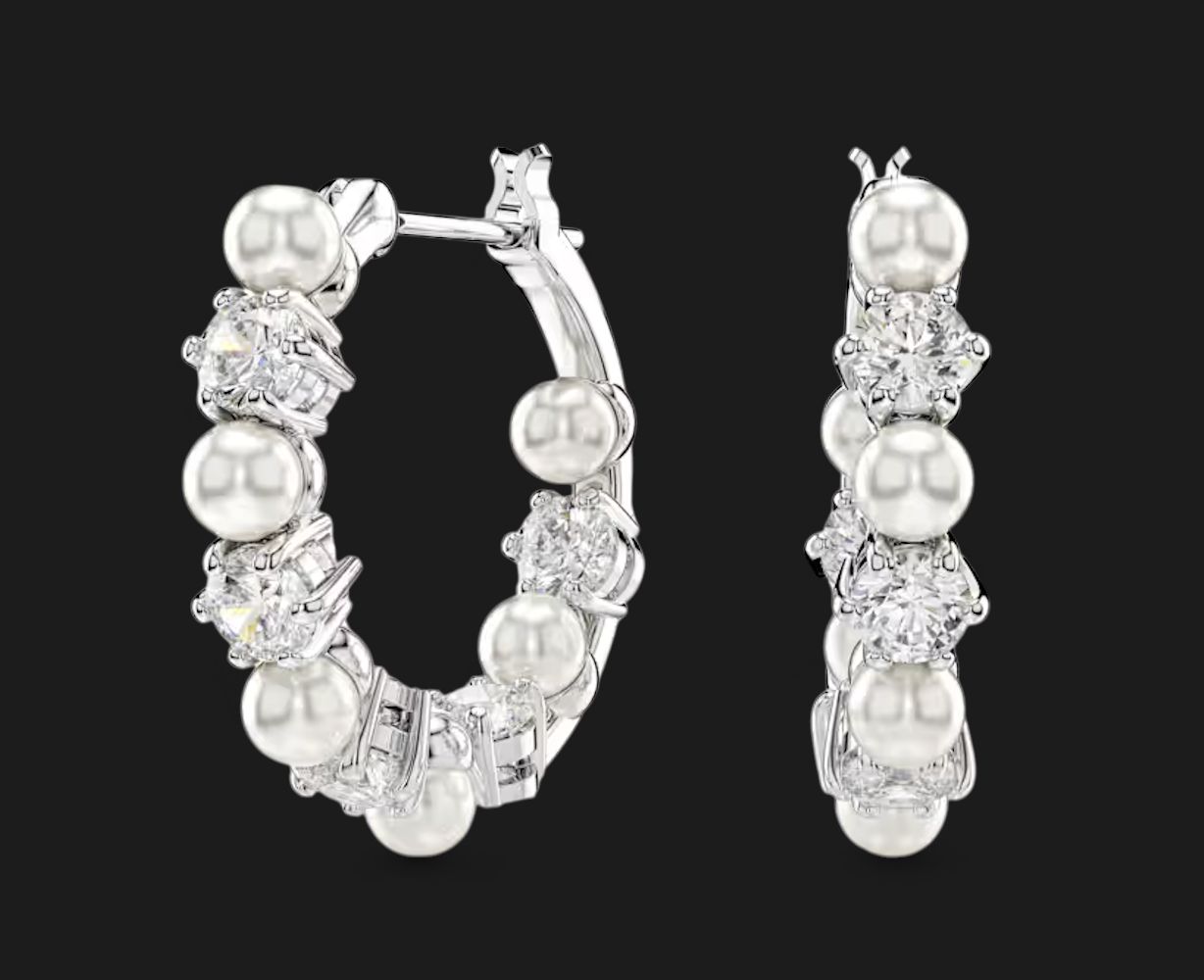Matrix hoop earrings Crystal pearl, Round cut, White-5709256