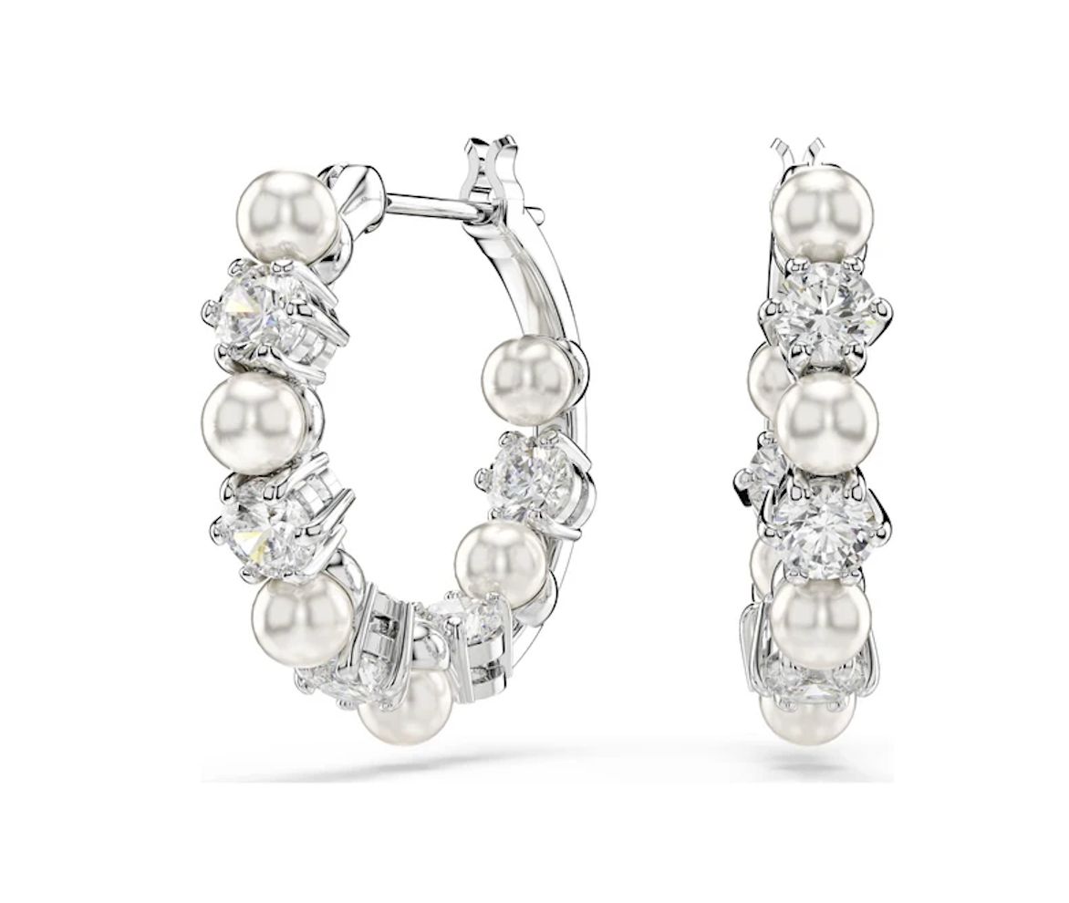 Matrix Hoop Earrings Crystal Pearl, Round Cut, White-5709256