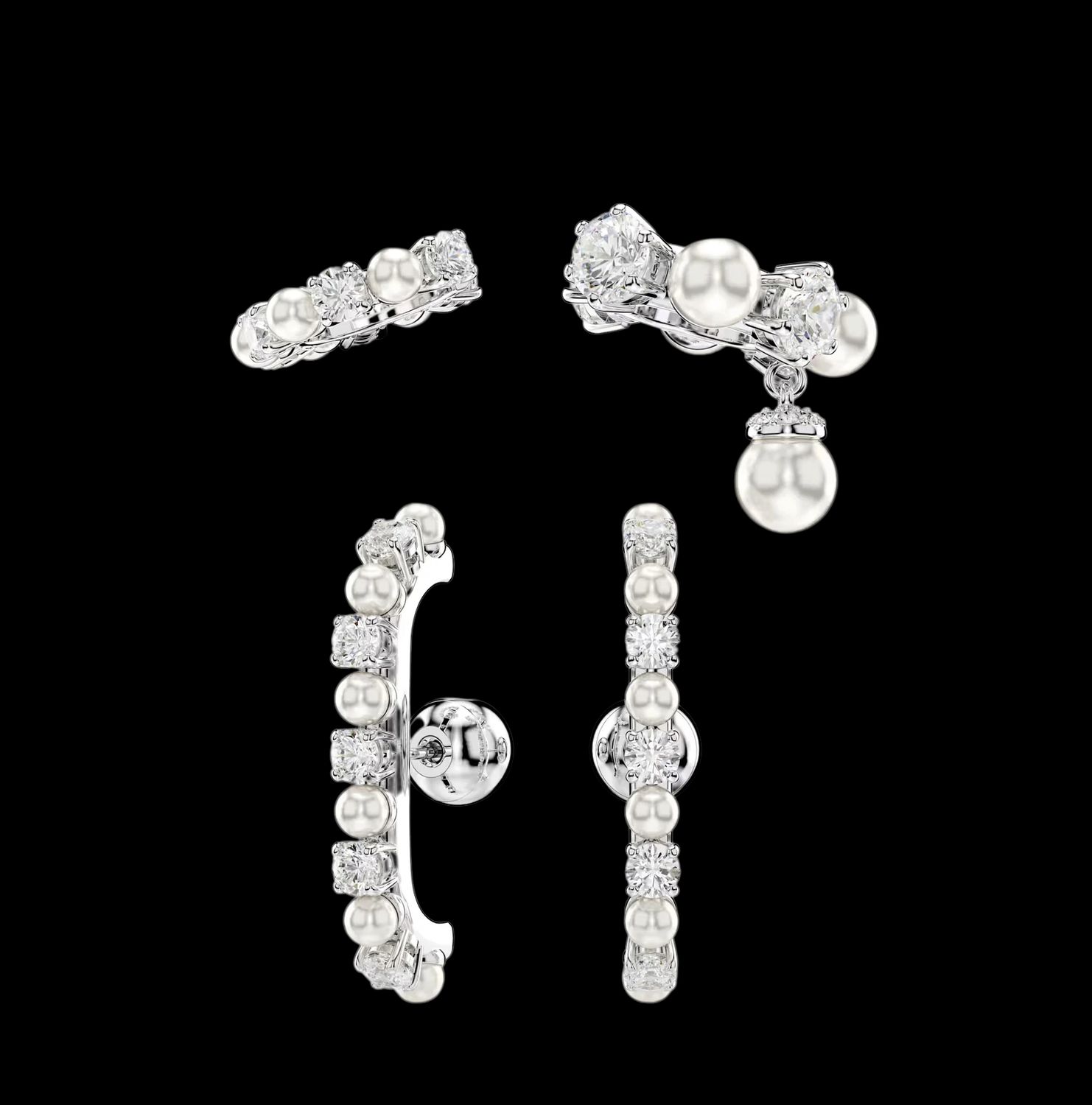 Matrix Ear Cuff Set (3pc), Crystal Pearl, Round Cut, White,-5691715