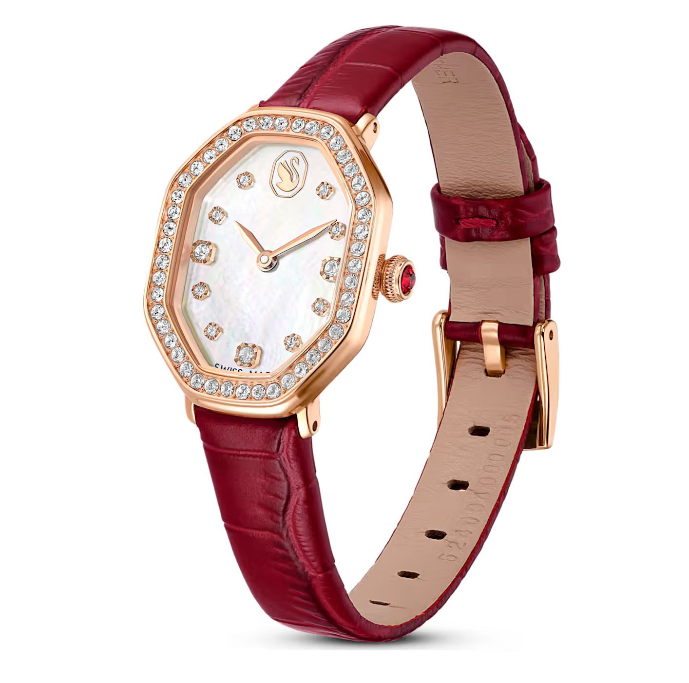 Dextera Octagon Watch Swiss Made, Leather strap, Red, Rose gold-tone-5730373