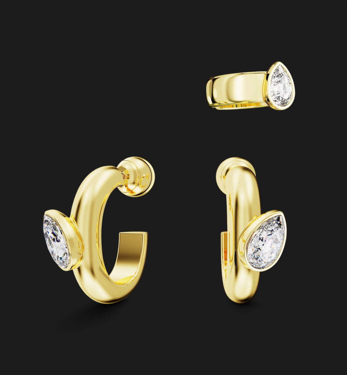 Dextera Hoop Earrings with Ear Cuff Set (3), Pear Cut, White, Gold-Tone- 5663262