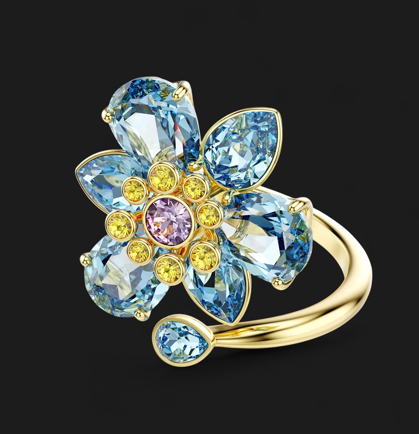Idyllia Open Ring, Mixed Cuts, Flower, Blue, Gold Tone -5709031