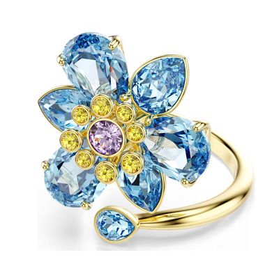 Idyllia Open Ring, Mixed Cuts, Flower, Blue, Gold Tone-5709031