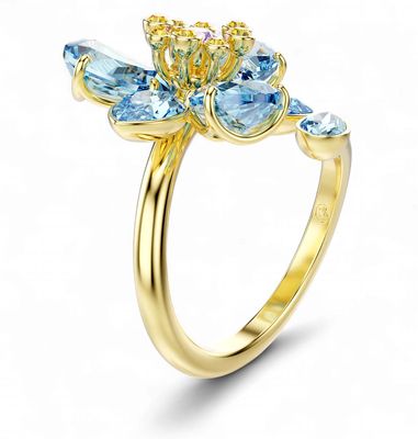 Idyllia Open Ring, Mixed Cuts, Flower, Blue, Gold Tone-5709031