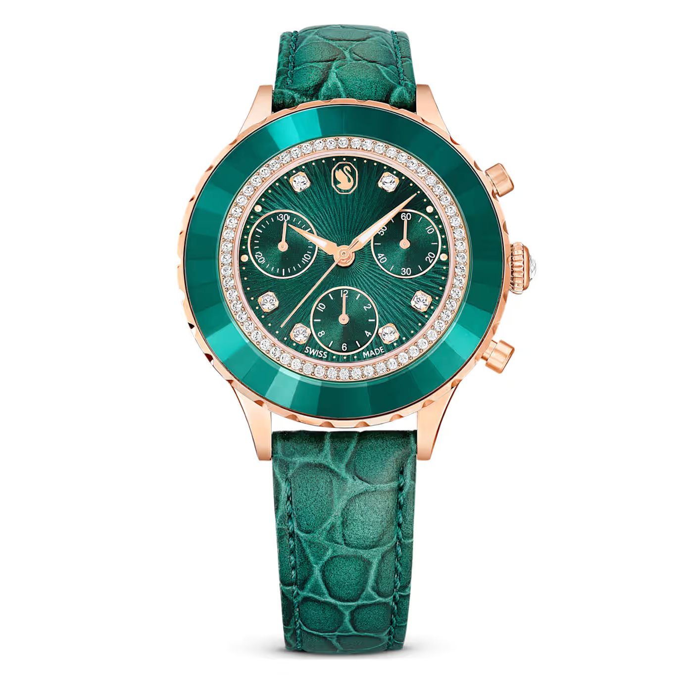 Octea Chrono Watch, Swiss Made, Leather strap, Green, Rose gold-tone finish-5672931