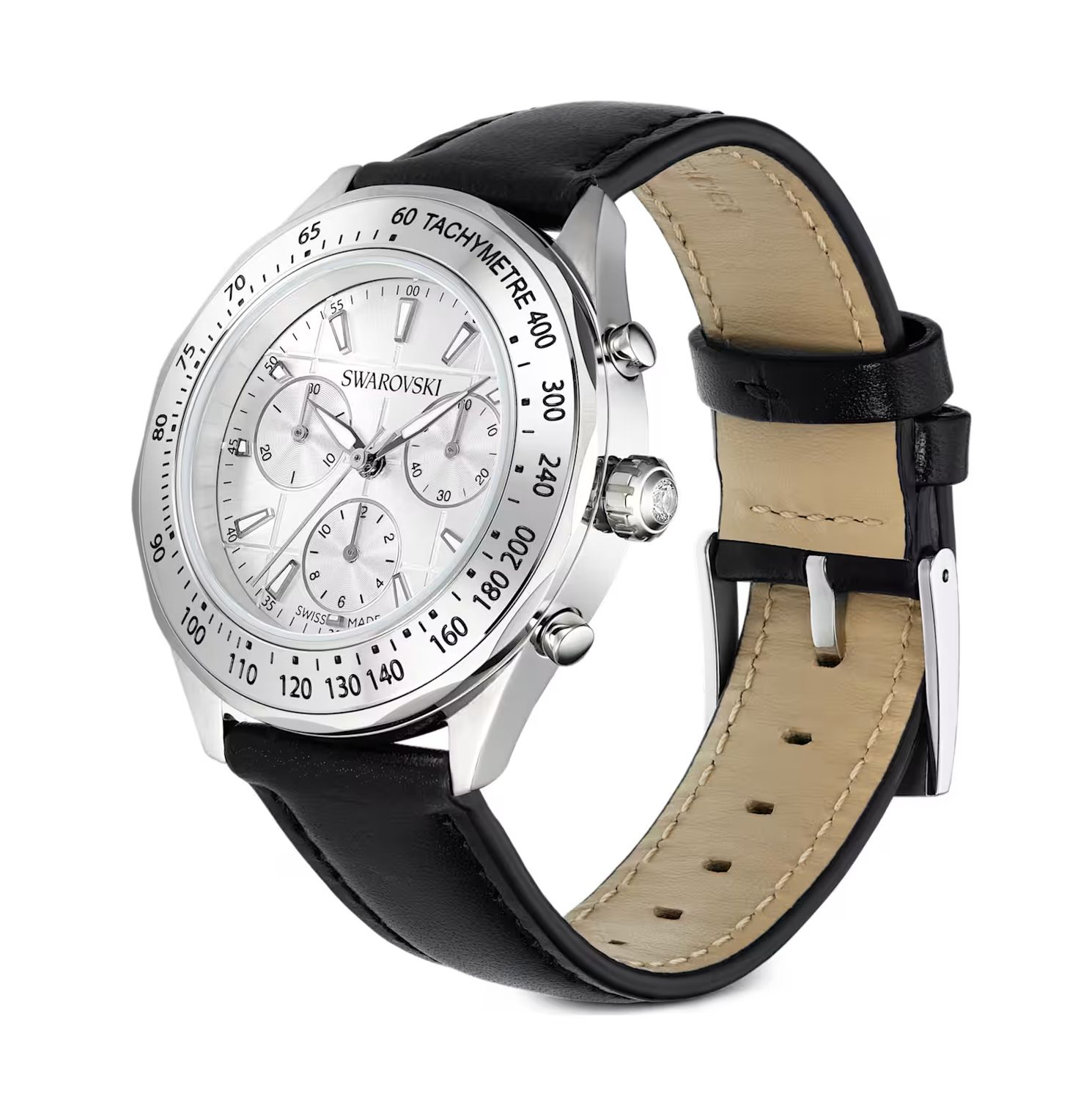 Dextera Tachymetre Watch, Swiss Made, Leather strap, Silver tone, Stainless steel-5728378