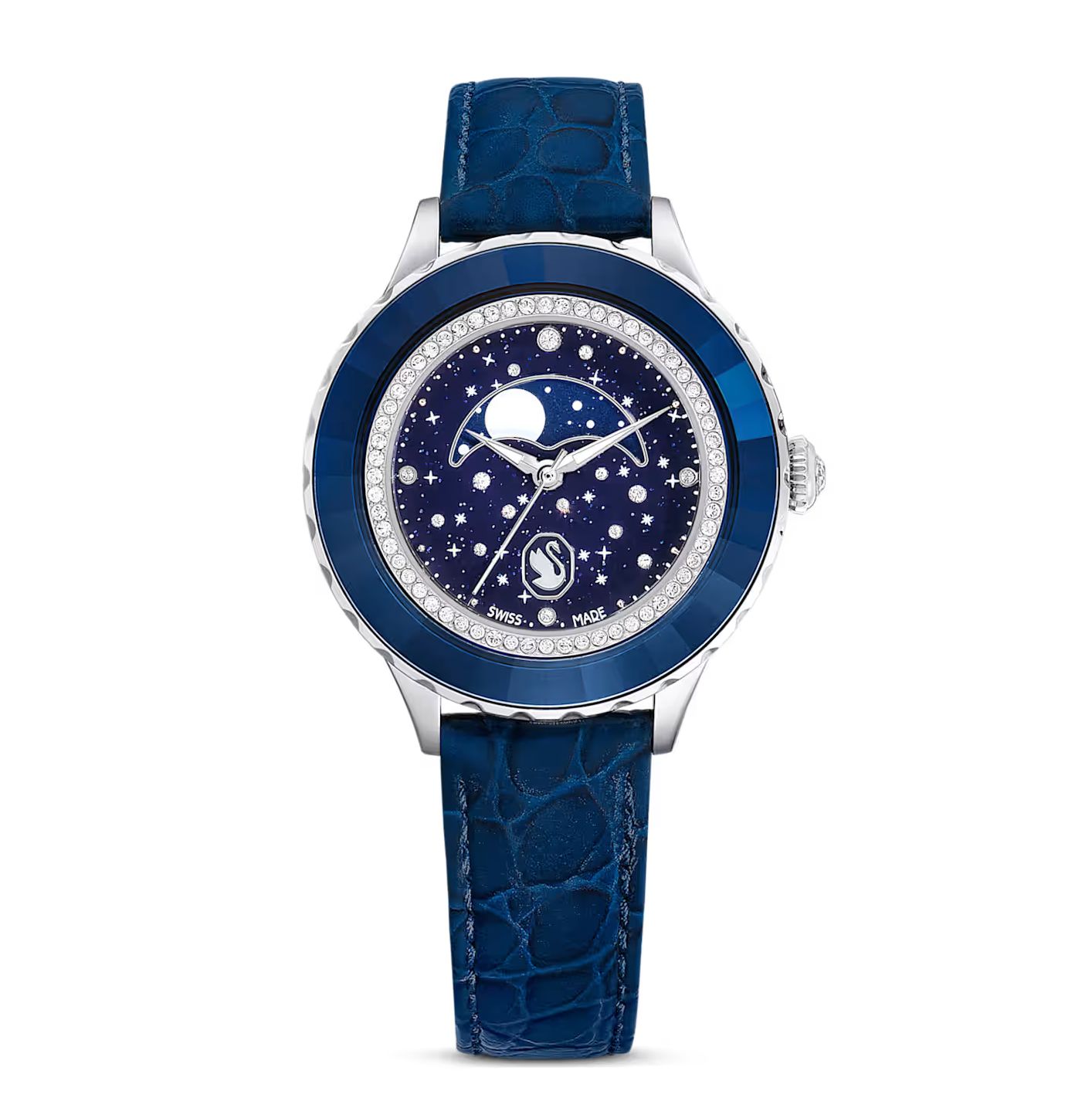 Octea Moon watch, Swiss Made, Moon, Leather strap, Blue, Stainless steel-5677494