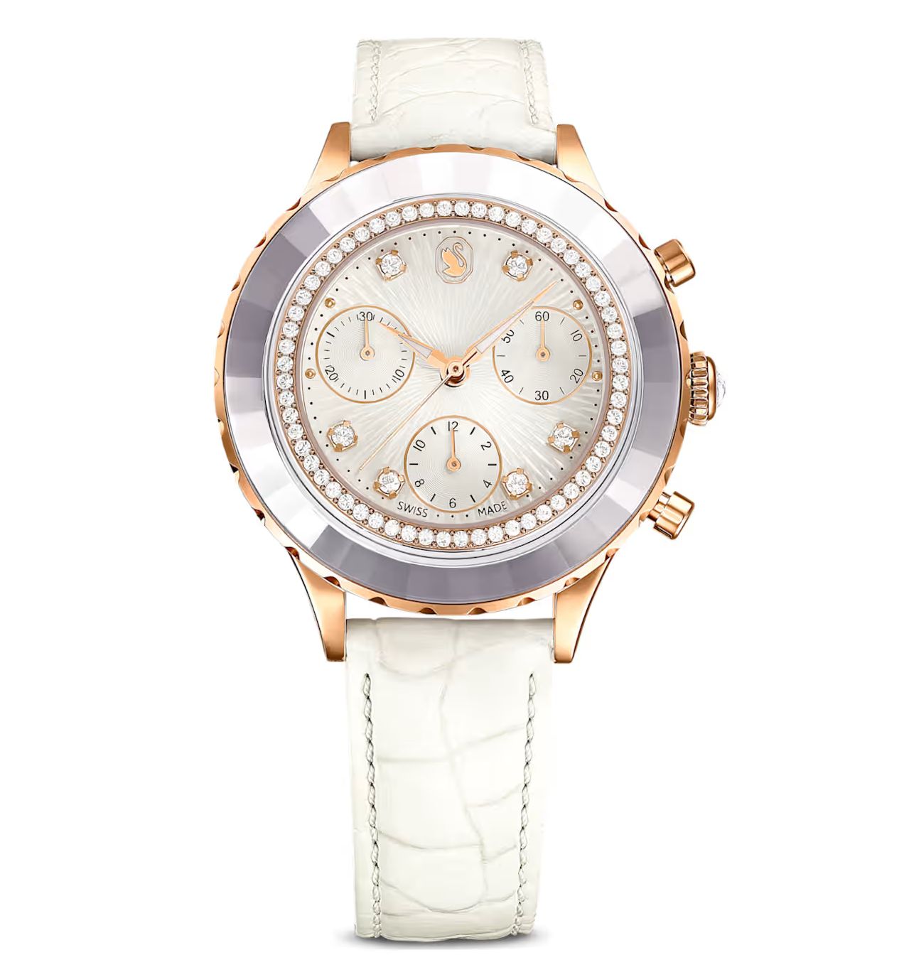 Octea Chrono Watch, Swiss Made, Leather strap, White, Rose gold-tone finish-5671150