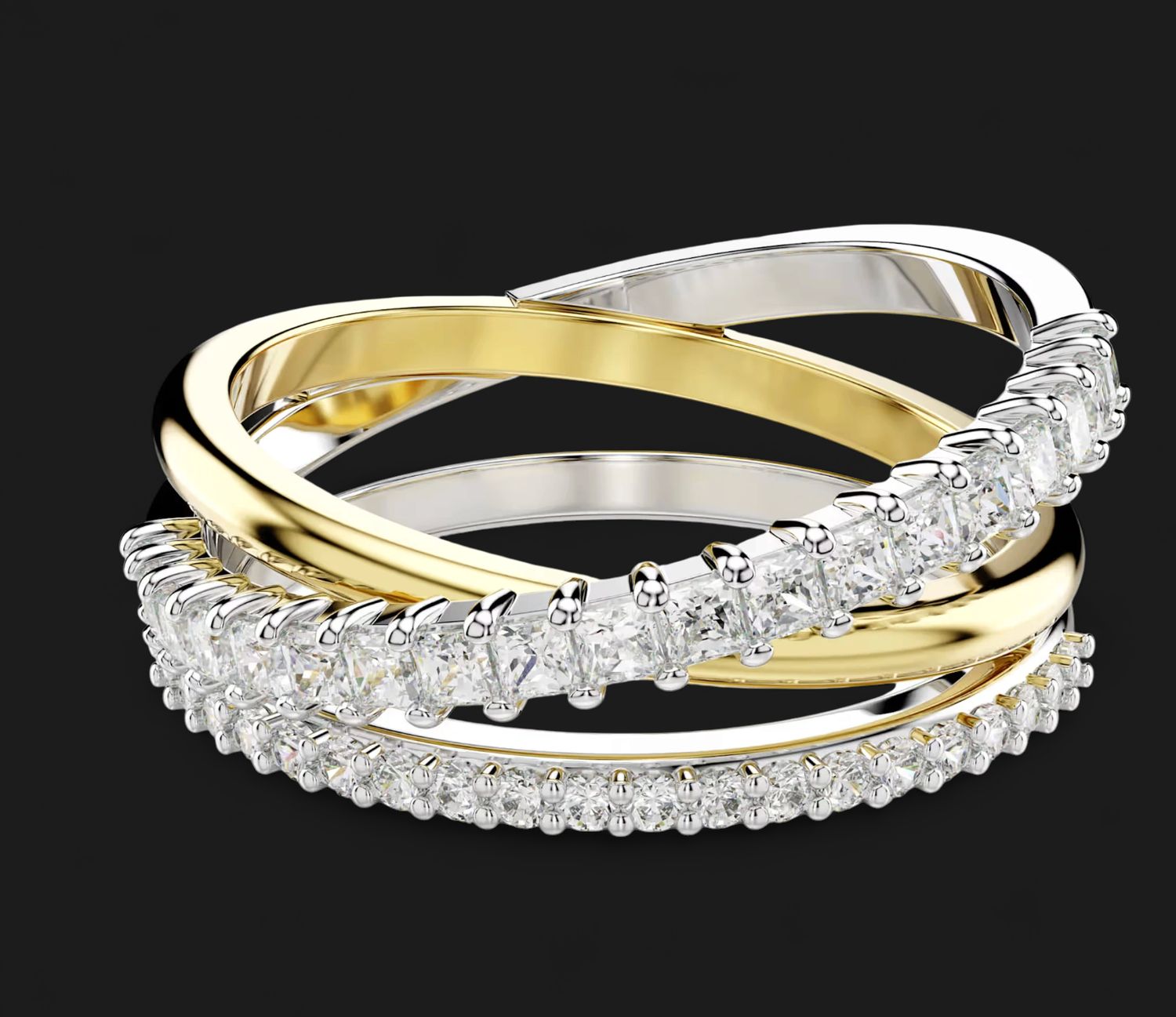 Hyperbola Ring, Mixed Cuts, White, Mixed Metal Finish (Size 55) -5689730