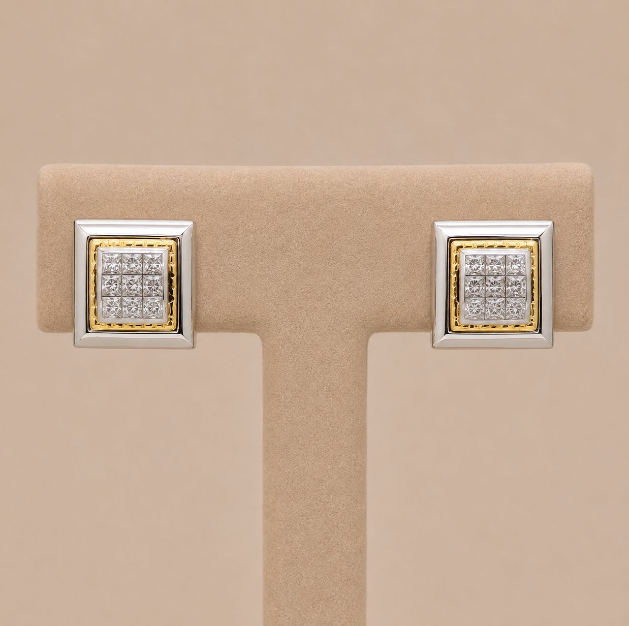 Two-Tone Mirage Geometric Square Diamond Earrings