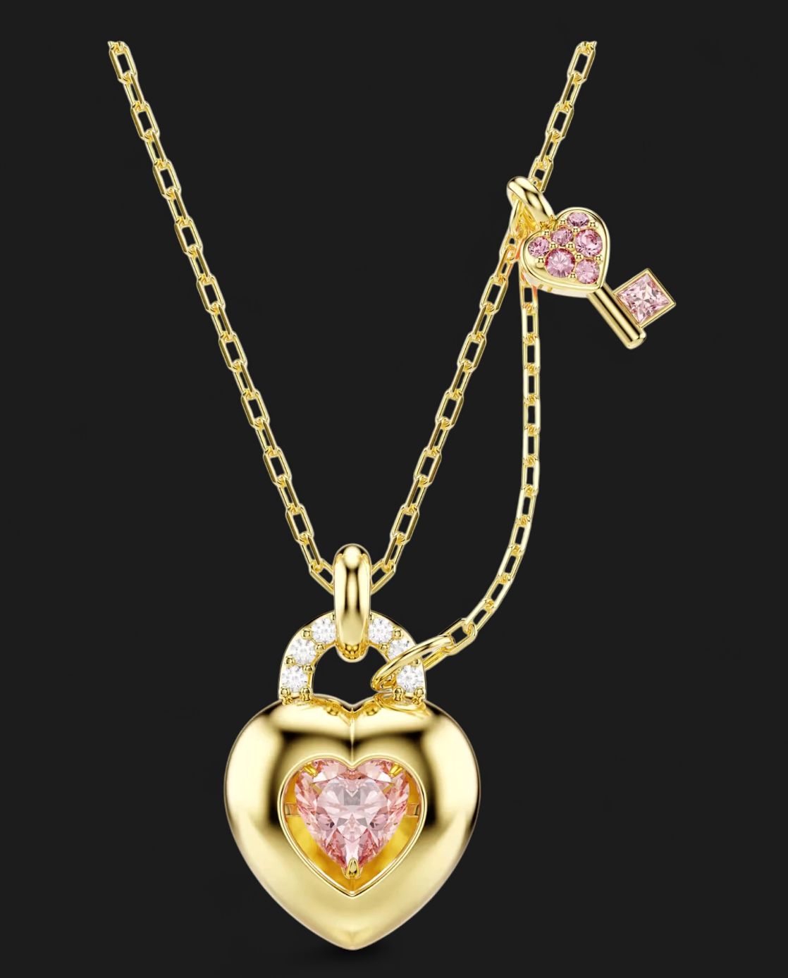 Idyllia Pendant, Mixed Cuts, Heart, Key, Pink, Gold Tone Plated