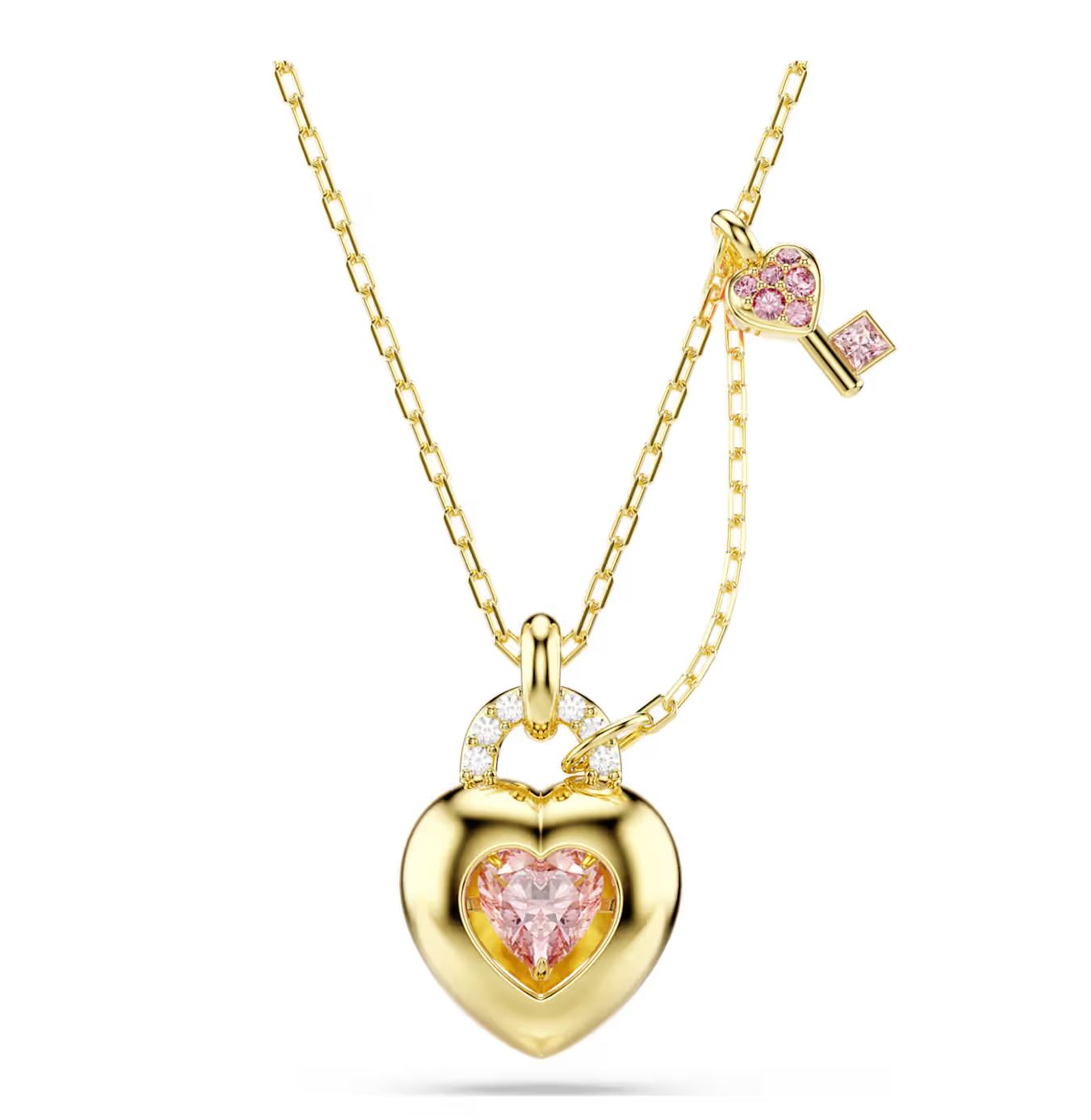Idyllia Pendant, Mixed Cuts, Heart, Key, Pink, Gold Tone Plated-573288