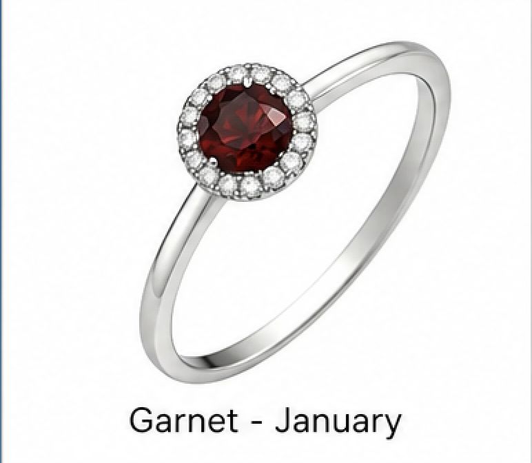 14KW Birthstone Rings w/ Diamond Halo, Colour: Garnet