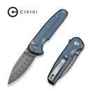 CIVIVI Mini Shakan Flipper&amp;Thumb Stud&amp;Button Lock Knife Ripple Patterned Blue Aluminum Handle(2.48" Damascus Blade) C20052F-DS1