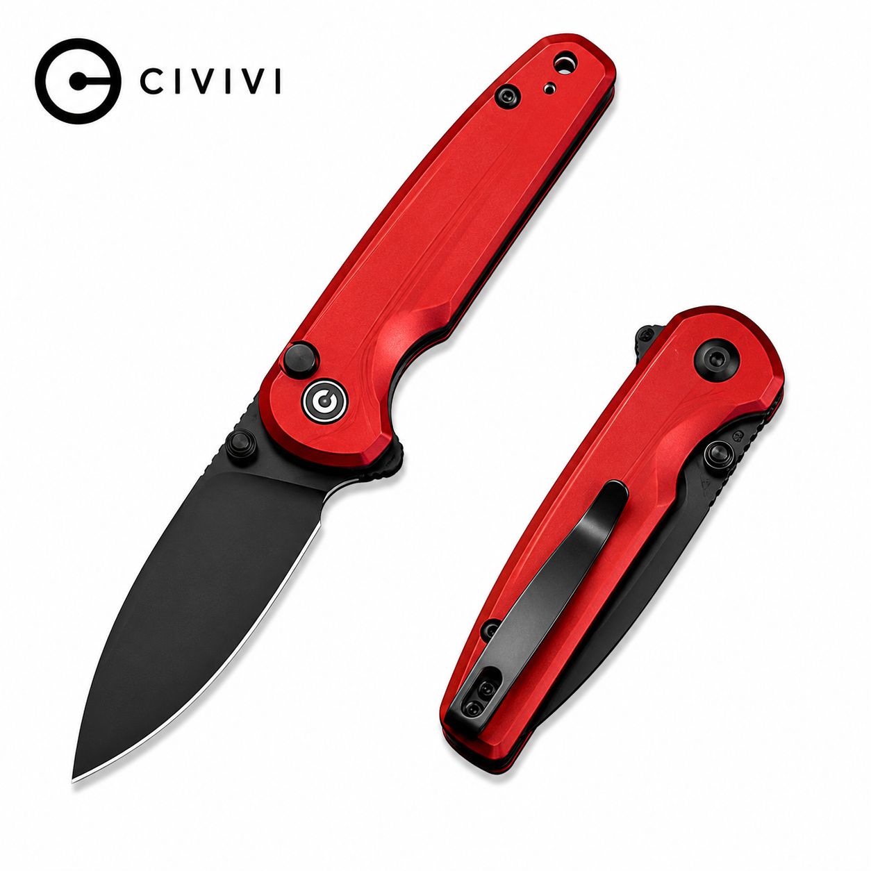 CIVIVI Mini Shakan Flipper &amp; Thumb Stud &amp; Button Lock Knife Ripple Patterned Red Aluminum Handle(C20052F-2)