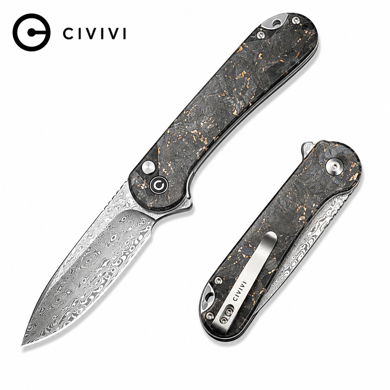 CIVIVI Button Lock Elementum II Flipper Knife Carbon Fiber &amp; Resin Handle (2.96" Damascus Blade)(C18062P-10)