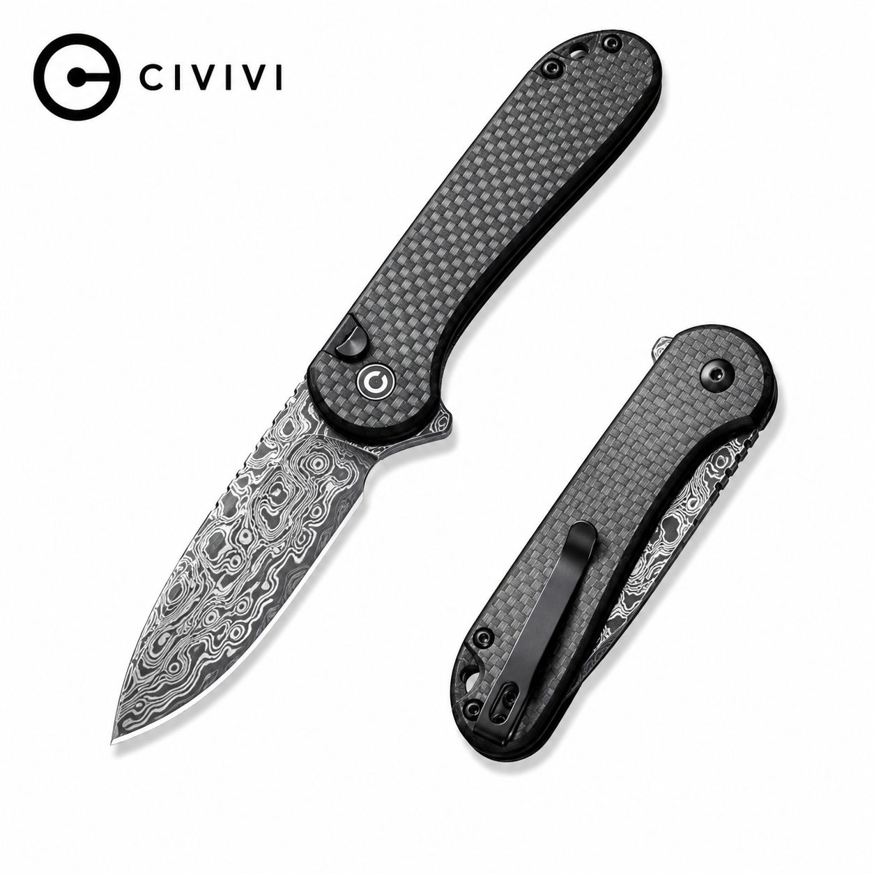 CIVIVI Button Lock Elementum II Flipper Knife Carbon Fiber / G10 Handle (2.96" Damascus Blade)(C18062PB-DS1)