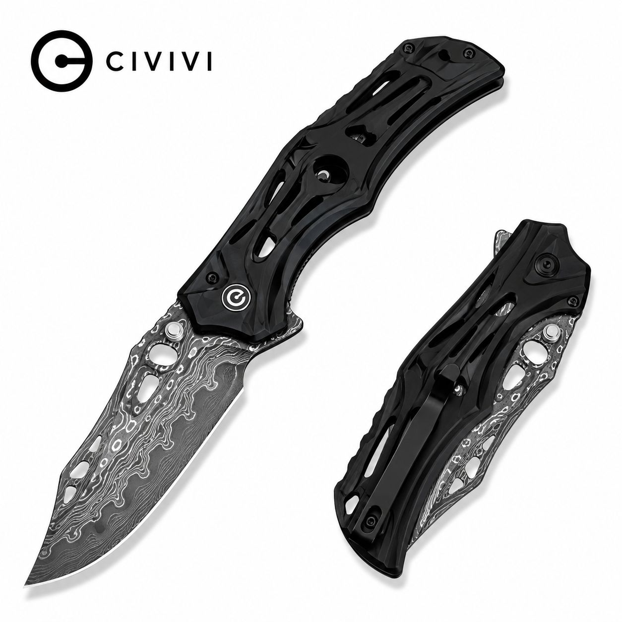 CIVIVI Biophase Flipper &amp; Button Lock Knife Aluminum Handle (3.48" Damascus Blade)(C23083-DS1)