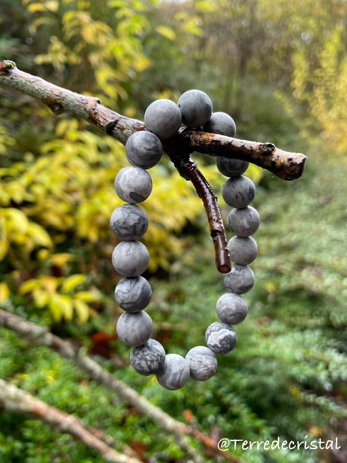 Bracelet en Jaspe feuille d’argent mat 10mm