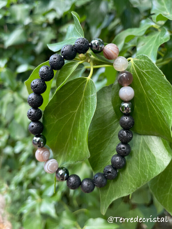 Bracelet en Lave, Agate du Botswana et Hématite 8 mm (homme)