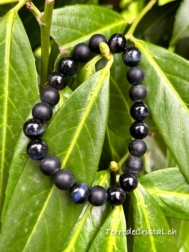 Bracelet en Oeil de faucon et Basalte 10 mm (homme)
