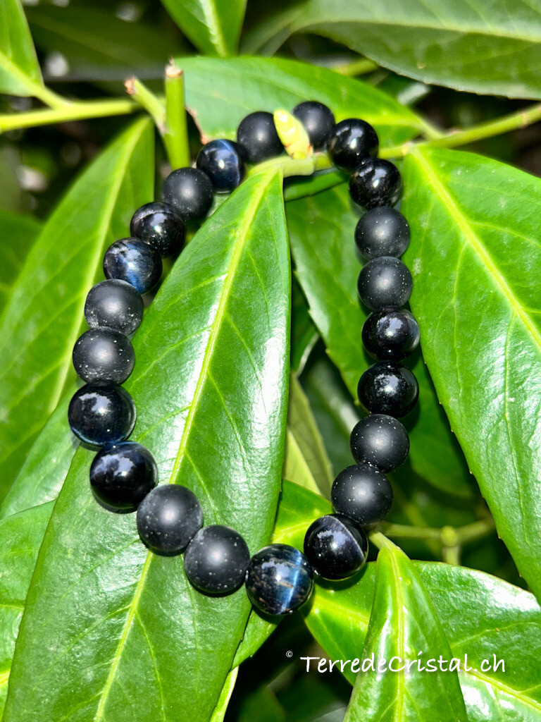 Bracelet en Oeil de faucon et Basalte 10 mm (homme)
