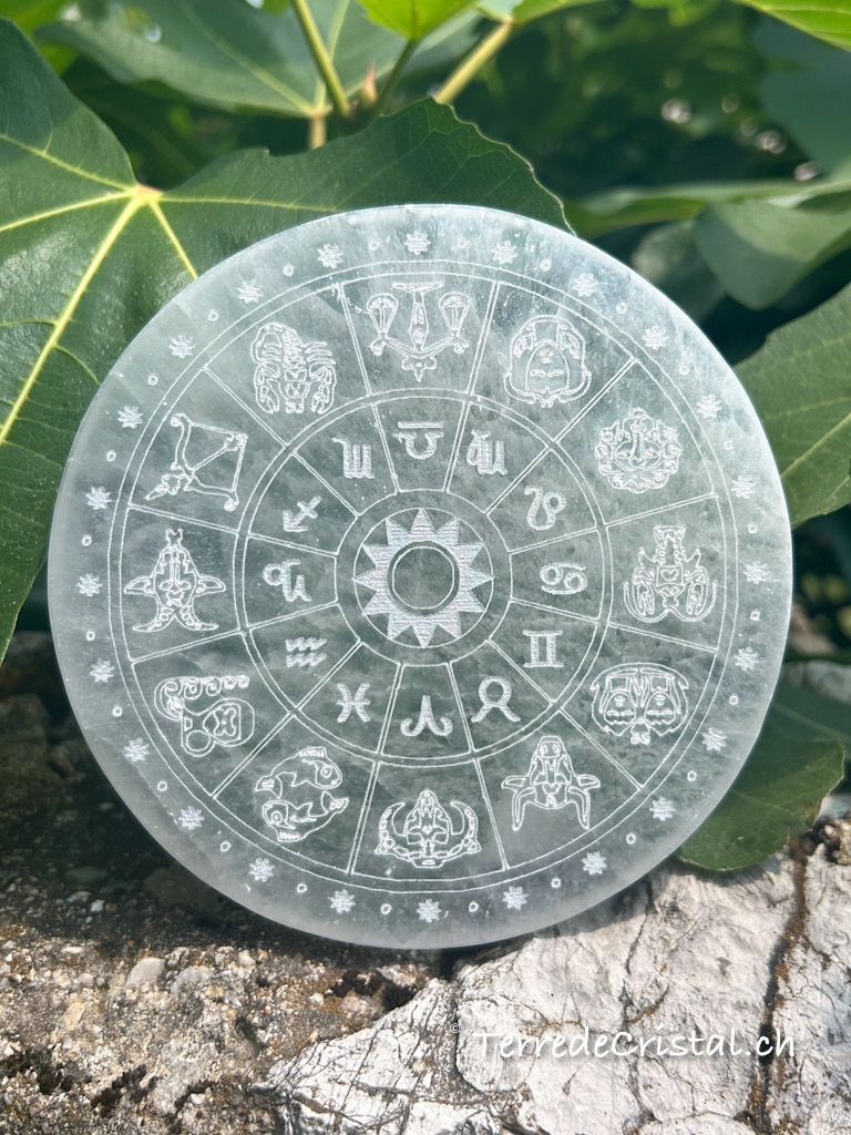 Plaque en Sélénite gravée signes du zodiac